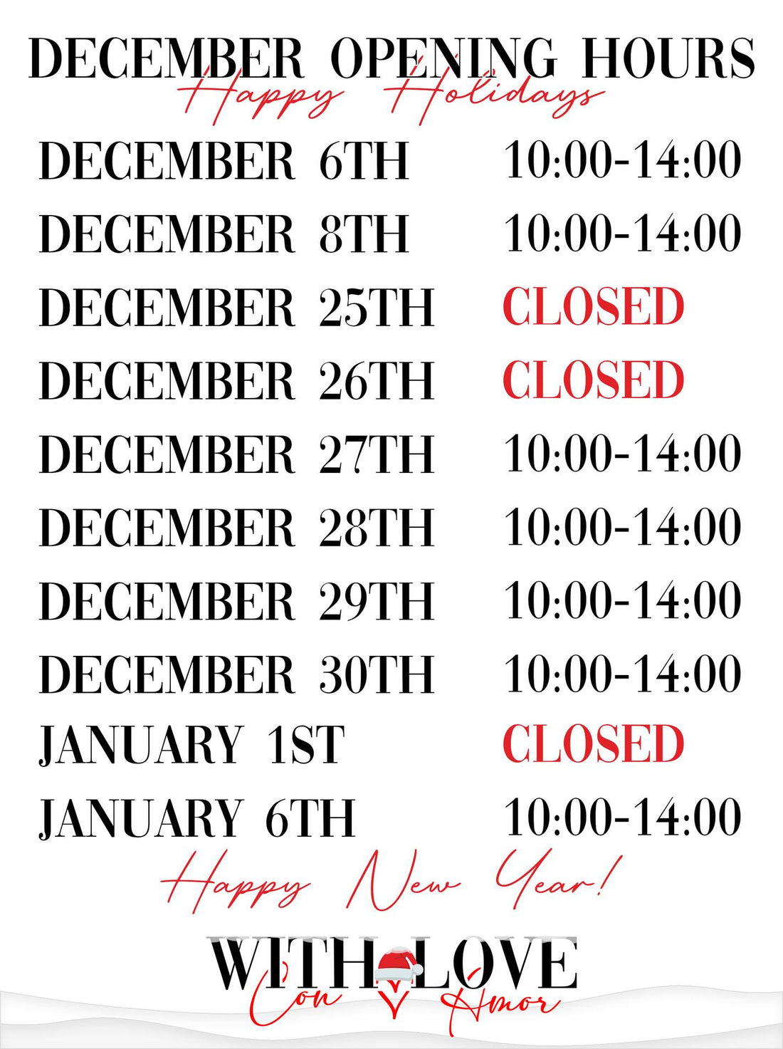 December 2023 opening hours