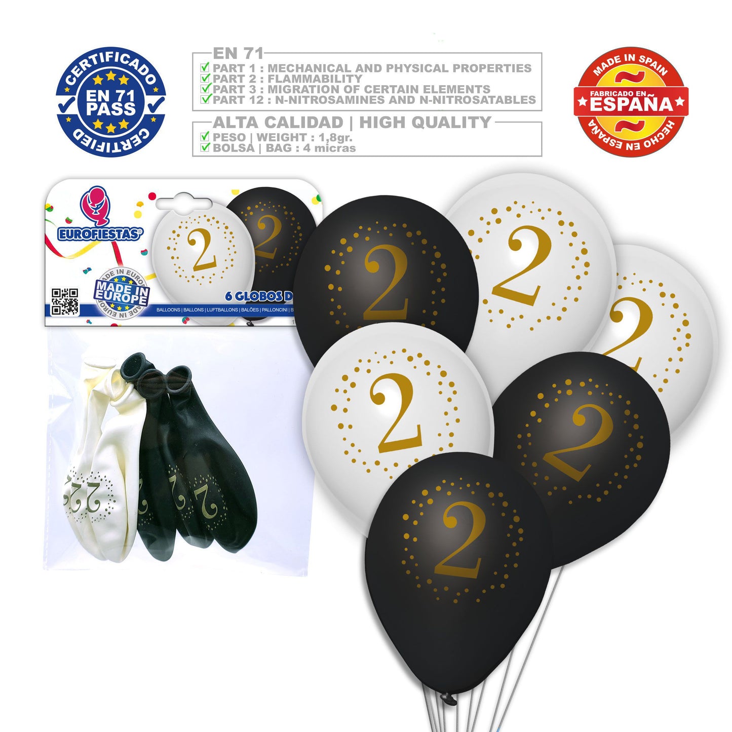 6 globos de látex numerados (0-9)