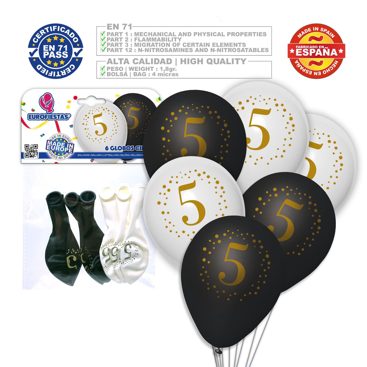 6 globos de látex numerados (0-9)