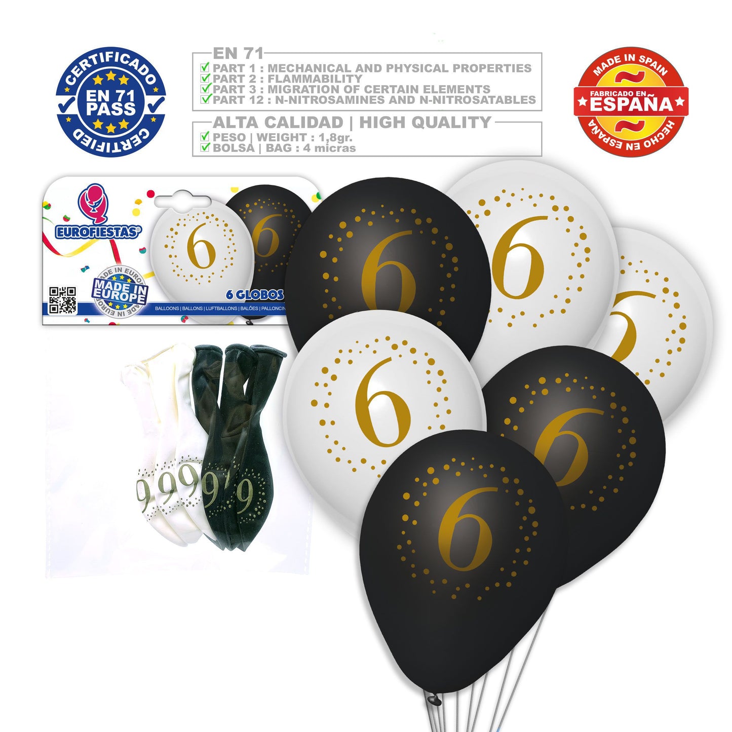 6 globos de látex numerados (0-9)