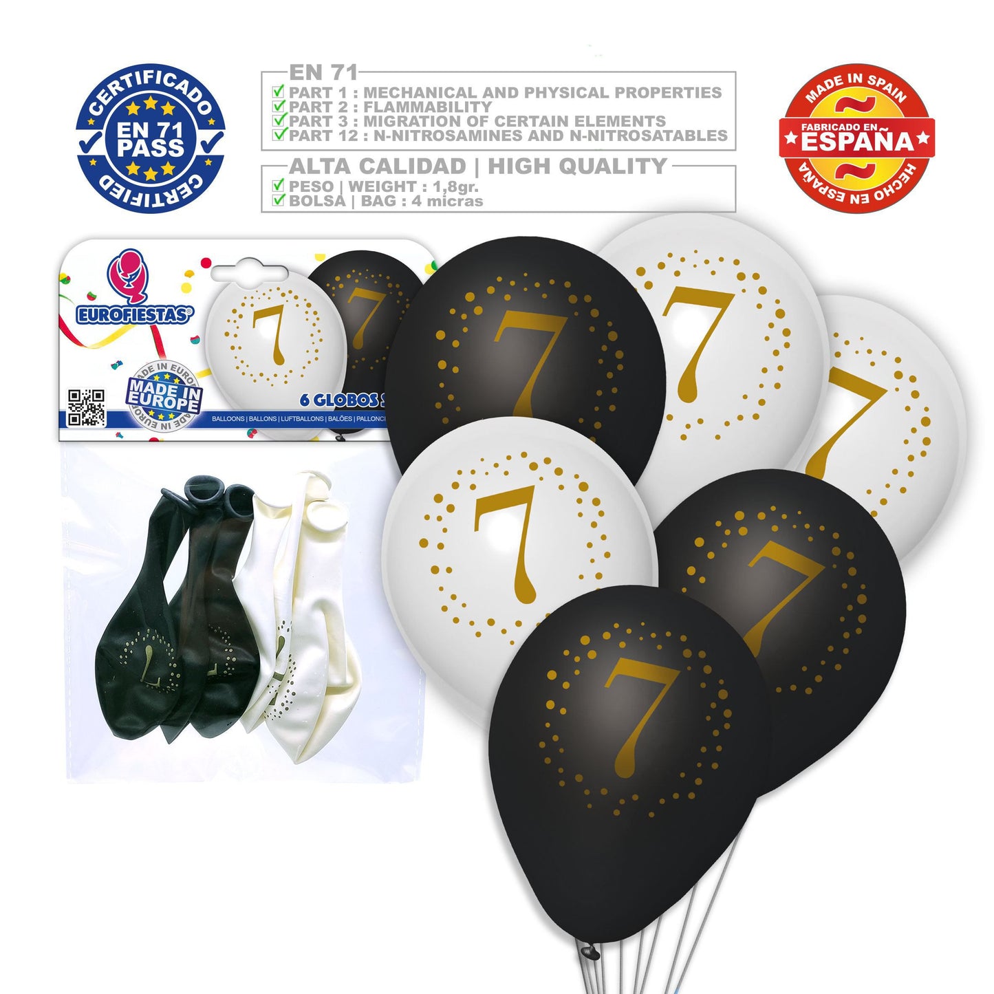 6 globos de látex numerados (0-9)