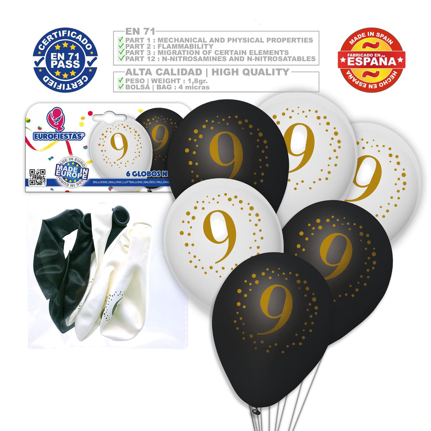 6 globos de látex numerados (0-9)