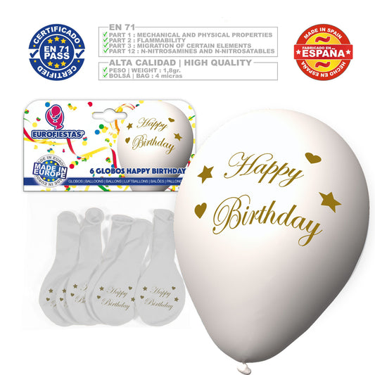 6x White Latex Balloons - Happy Birthday