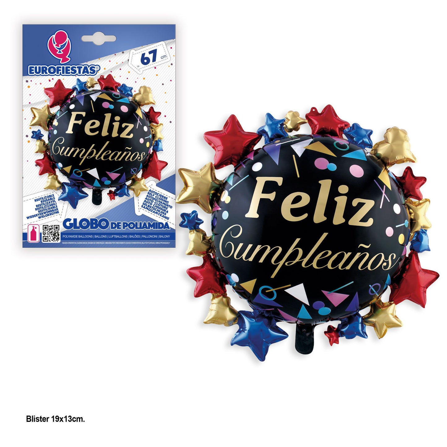 Feliz Cupleaños! - Magic stars black foil balloon.