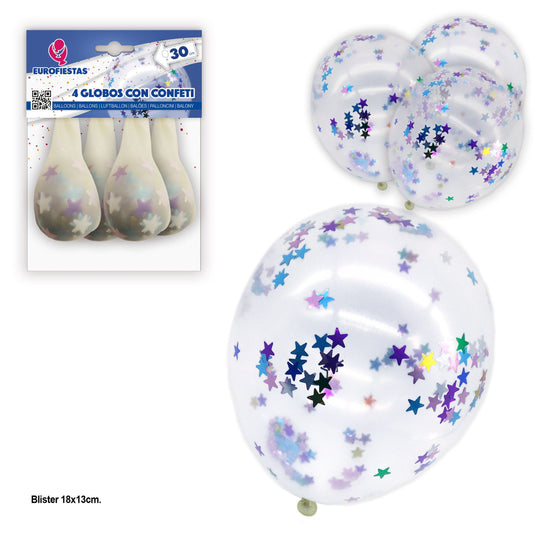 4x Latex Balloons with multi-colour star confetti